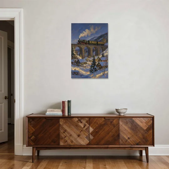 Steam Train on a Snowy Stone Viaduct - Canvas Wall Art - Coffee Table - 24x36