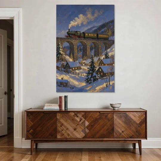 Steam Train on a Snowy Stone Viaduct - Canvas Wall Art - Coffee Table - 40x60