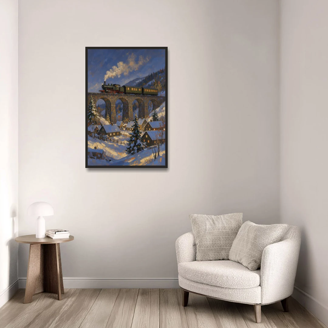 Steam Train on a Snowy Stone Viaduct - Black Framed Canvas Wall Art - Sofa - 24x36