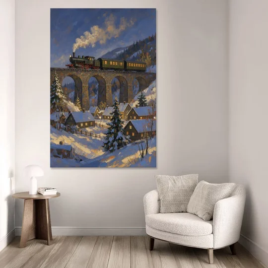 Steam Train on a Snowy Stone Viaduct - Canvas Wall Art - Sofa - 40x60