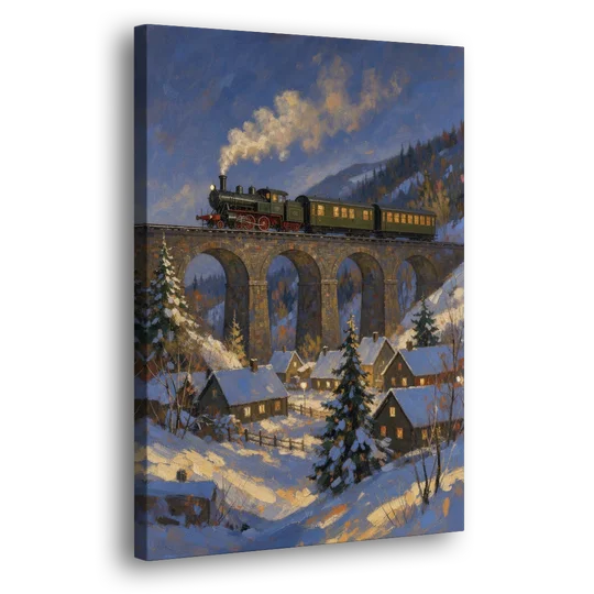 Steam Train on a Snowy Stone Viaduct - Canvas Wall Art - Side