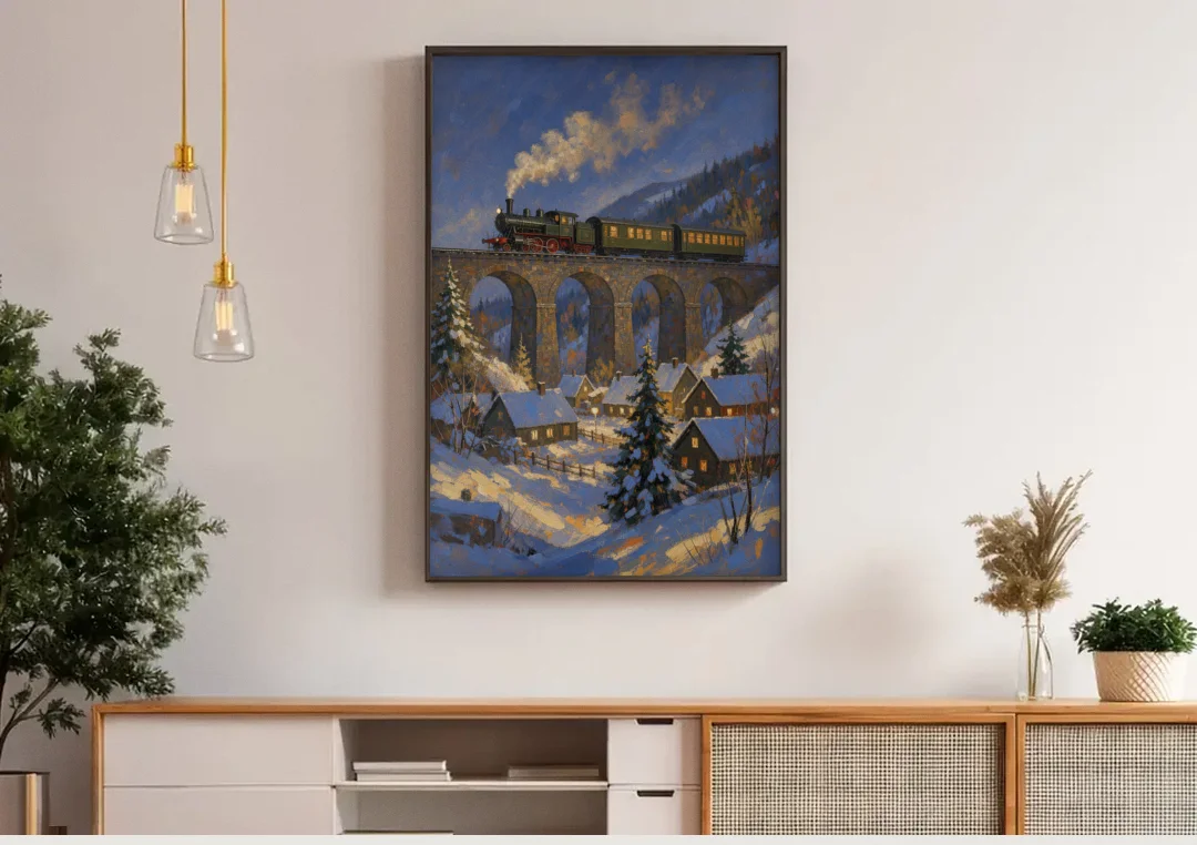 Steam Train on a Snowy Stone Viaduct canvas wall art above a wooden sideboard under pendant lights