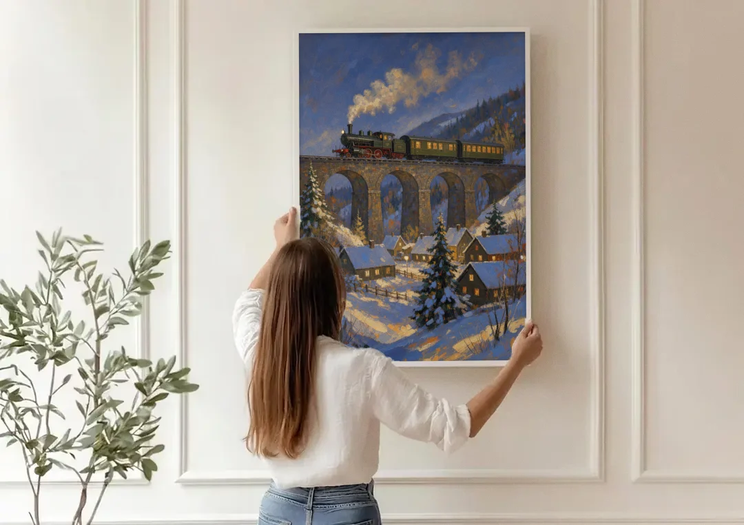 Steam Train on a Snowy Stone Viaduct canvas wall art being hung on a paneled wall
