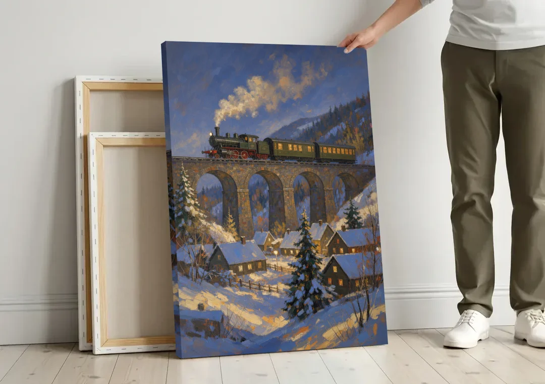 Steam Train on a Snowy Stone Viaduct canvas wall art leaning against a wall next to blank canvases