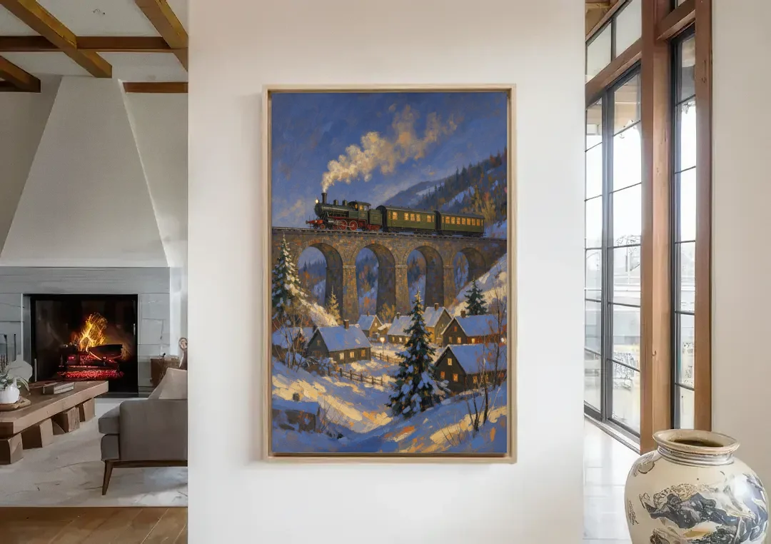 Steam Train on a Snowy Stone Viaduct canvas wall art in a living room with a fireplace