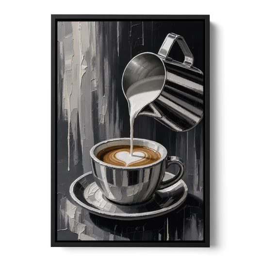 Steamed Milk Heart Pour for the Coffee Station - Black Framed Canvas Wall Art - Front