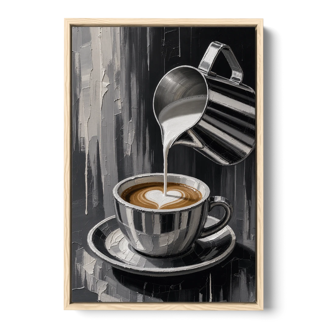 Steamed Milk Heart Pour for the Coffee Station - Oak Framed Canvas Wall Art - Front