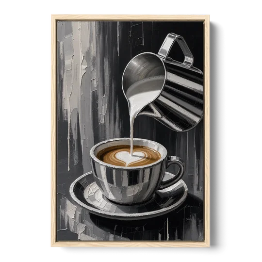 Steamed Milk Heart Pour for the Coffee Station - Oak Framed Canvas Wall Art - Front