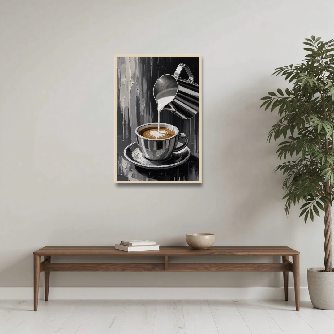 Steamed Milk Heart Pour for the Coffee Station - Oak Framed Canvas Wall Art - Coffee Table - 24x36