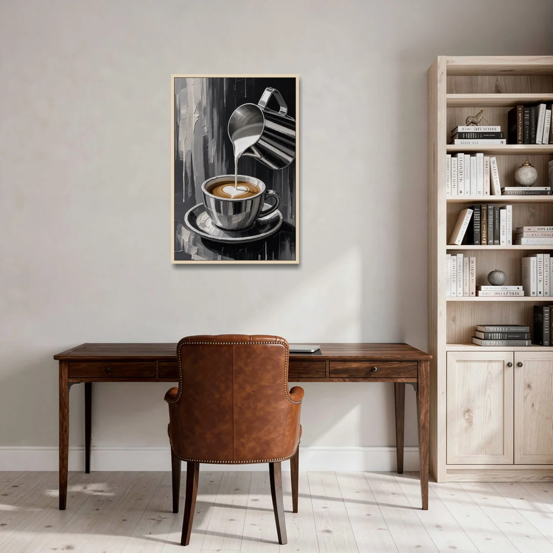 Steamed Milk Heart Pour for the Coffee Station - Oak Framed Canvas Wall Art - Office - 24x36
