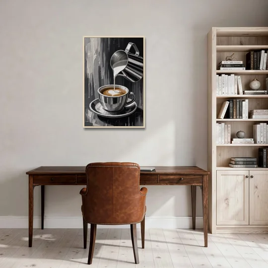 Steamed Milk Heart Pour for the Coffee Station - Oak Framed Canvas Wall Art - Office - 24x36
