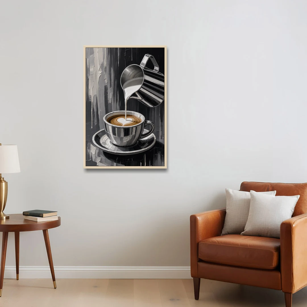 Steamed Milk Heart Pour for the Coffee Station - Oak Framed Canvas Wall Art - Sofa - 24x36