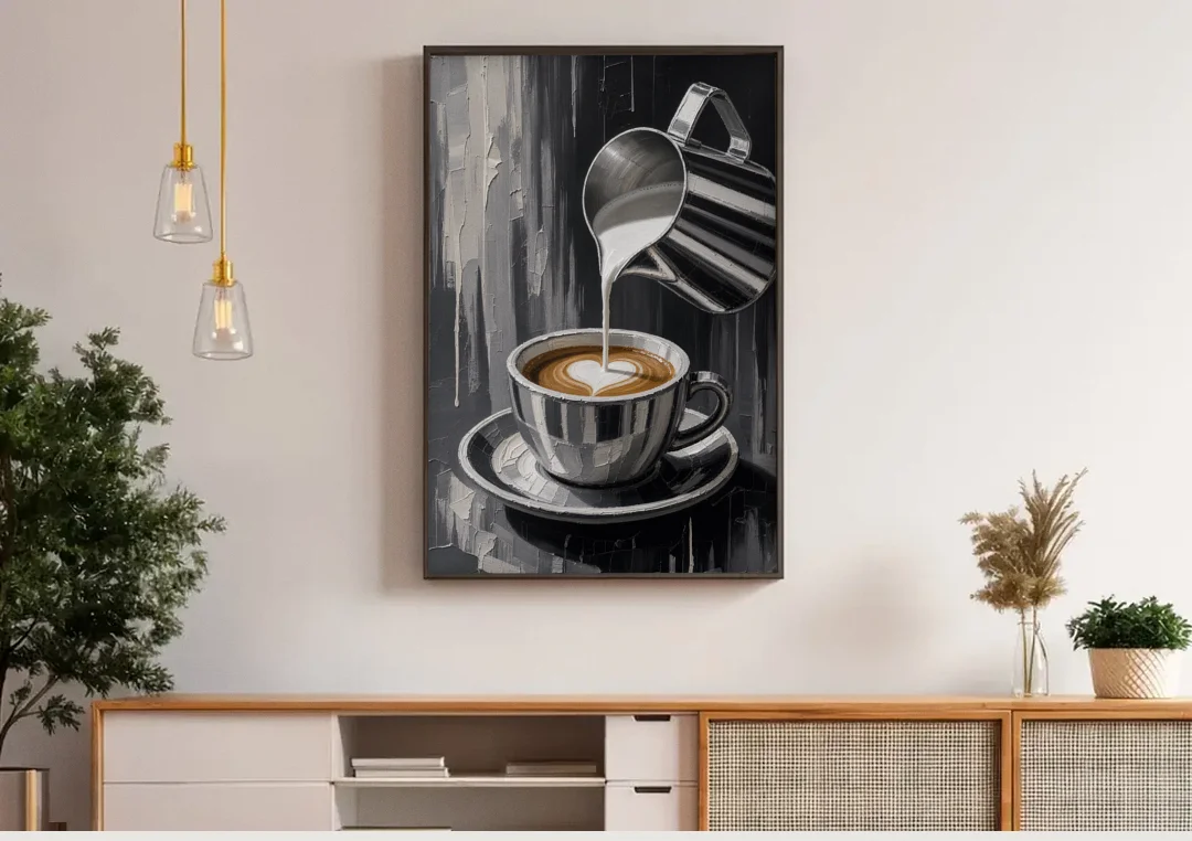 Steamed Milk Heart Pour for the Coffee Station canvas wall art above a wooden sideboard under pendant lights