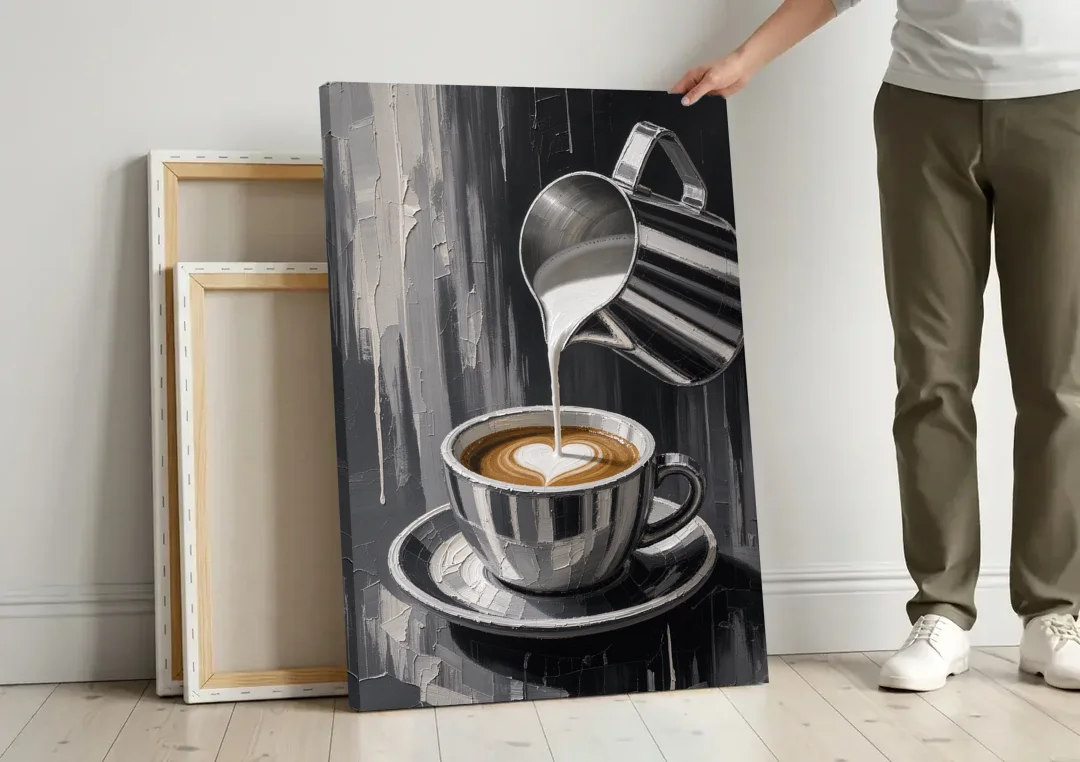 Steamed Milk Heart Pour for the Coffee Station canvas wall art leaning against a wall next to blank canvases