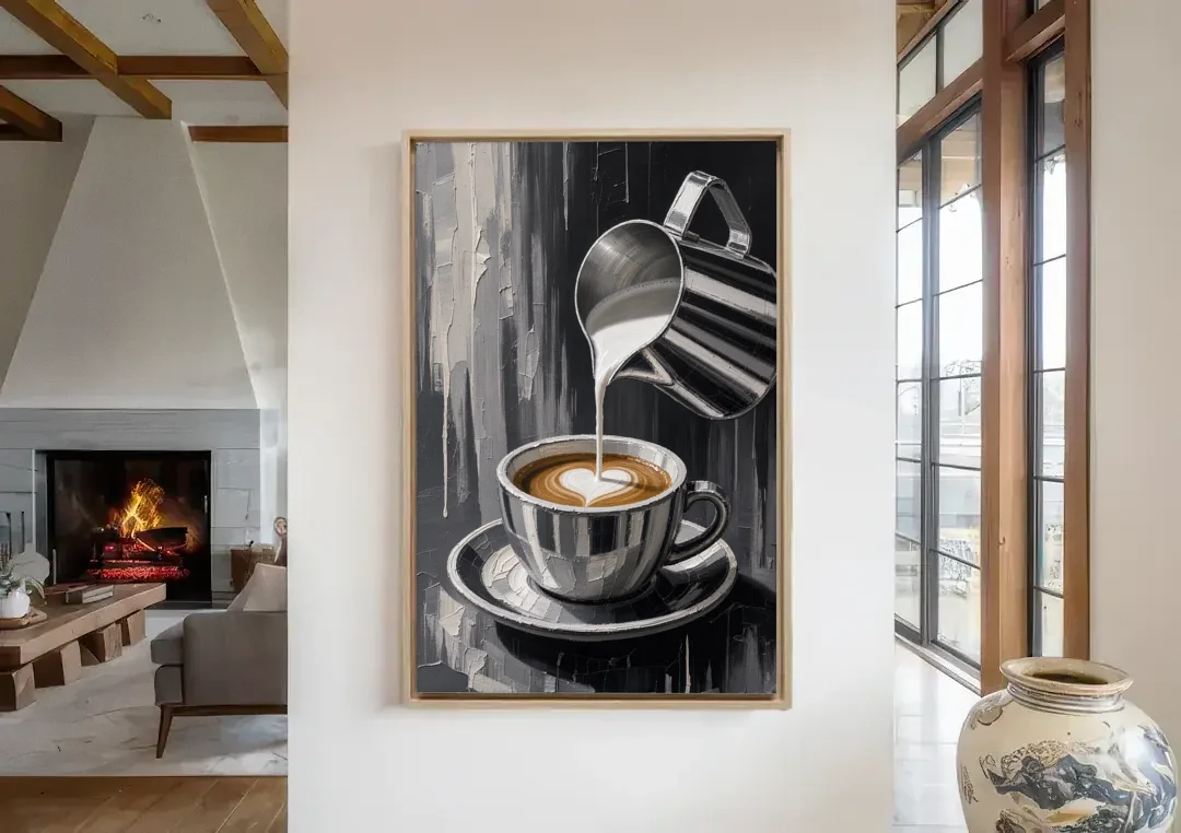 Steamed Milk Heart Pour for the Coffee Station canvas wall art in a living room with a fireplace