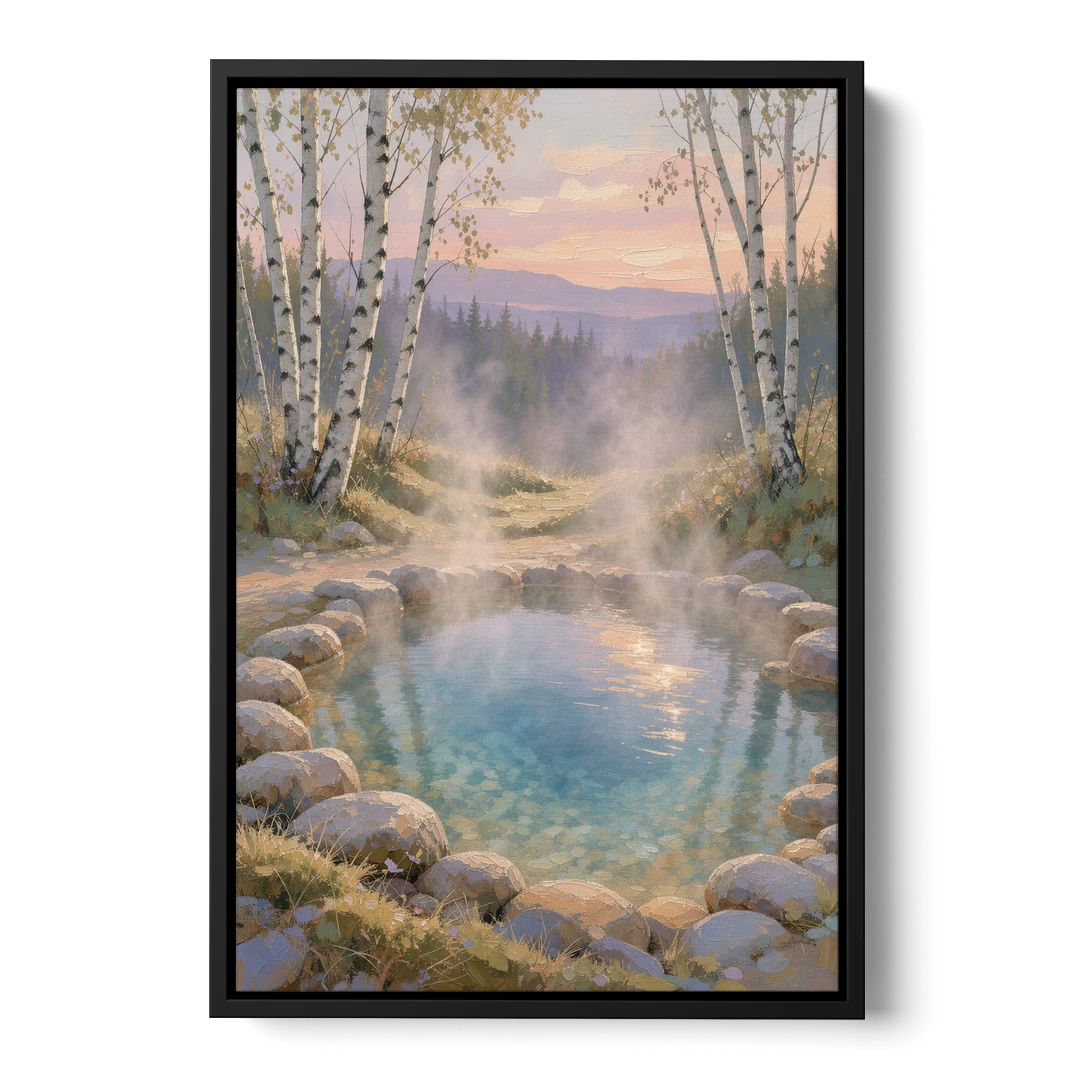 Steaming Hot Spring in a Birch Grove for the Spa - Black Framed Canvas Wall Art - Front