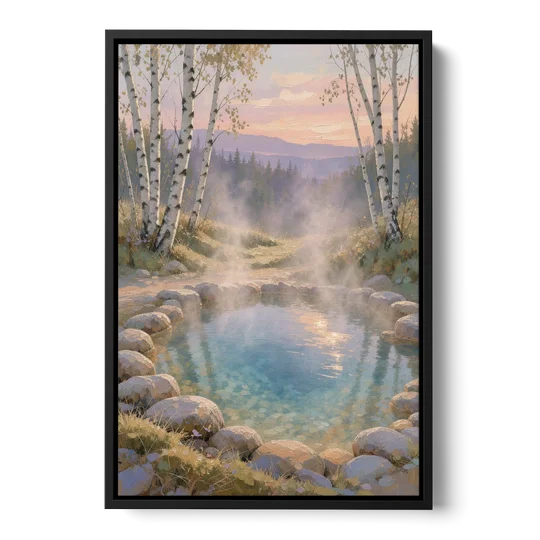 Steaming Hot Spring in a Birch Grove for the Spa - Black Framed Canvas Wall Art - Front