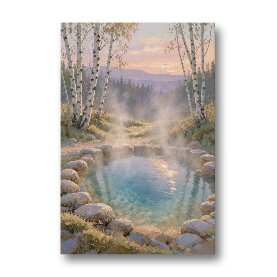 Steaming Hot Spring in a Birch Grove for the Spa - Canvas Wall Art - Front