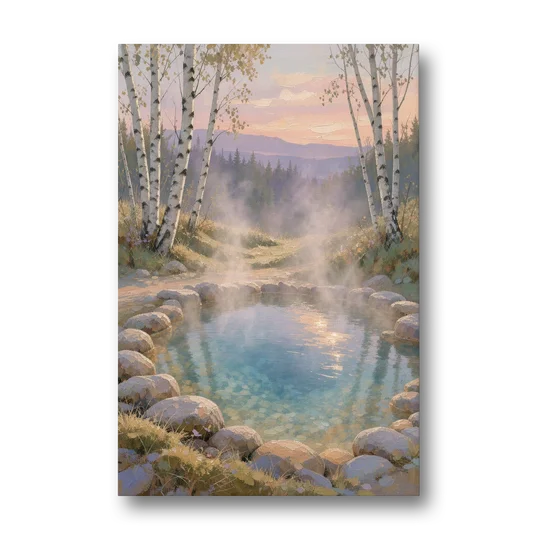 Steaming Hot Spring in a Birch Grove for the Spa - Canvas Wall Art - Front