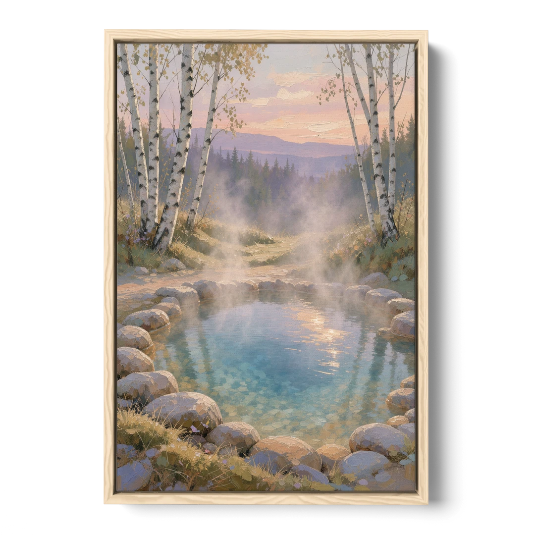Steaming Hot Spring in a Birch Grove for the Spa - Oak Framed Canvas Wall Art - Front