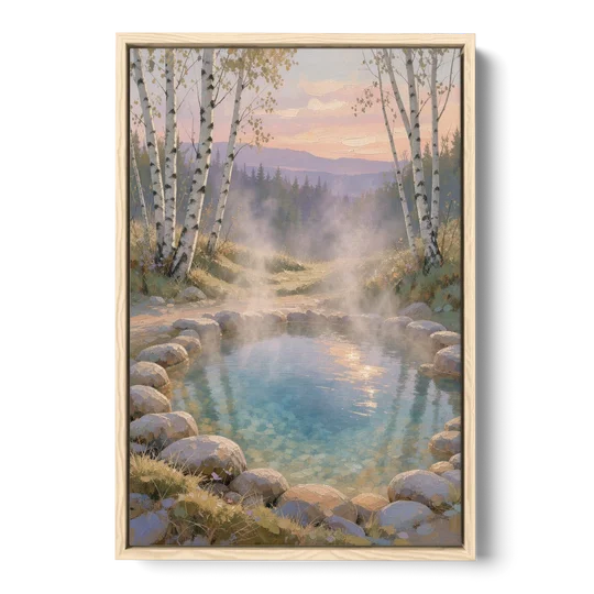 Steaming Hot Spring in a Birch Grove for the Spa - Oak Framed Canvas Wall Art - Front