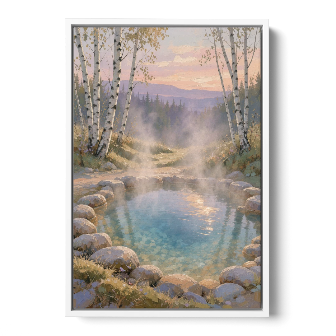 Steaming Hot Spring in a Birch Grove for the Spa - White Framed Canvas Wall Art - Front