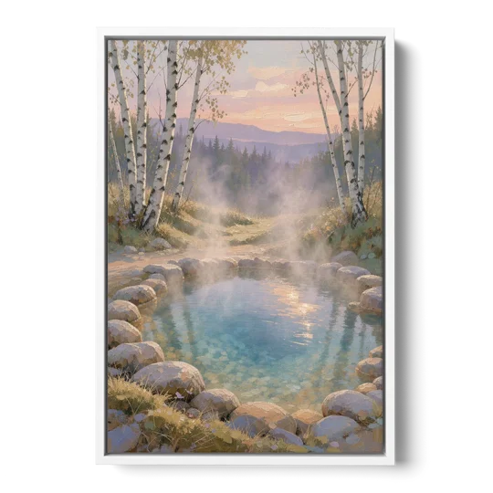 Steaming Hot Spring in a Birch Grove for the Spa - White Framed Canvas Wall Art - Front