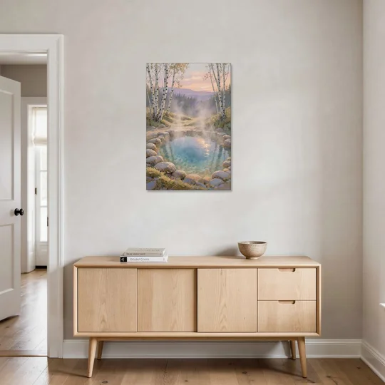 Steaming Hot Spring in a Birch Grove for the Spa - Canvas Wall Art - Coffee Table - 24x36