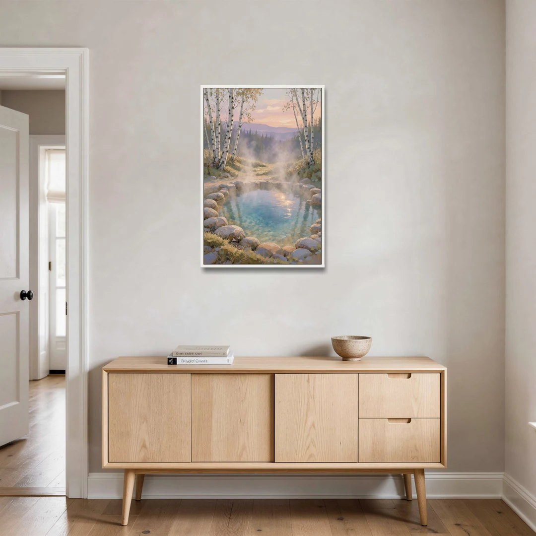 Steaming Hot Spring in a Birch Grove for the Spa - White Framed Canvas Wall Art - Coffee Table - 24x36