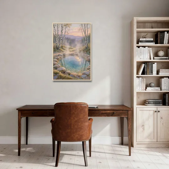 Steaming Hot Spring in a Birch Grove for the Spa - Oak Framed Canvas Wall Art - Office - 24x36