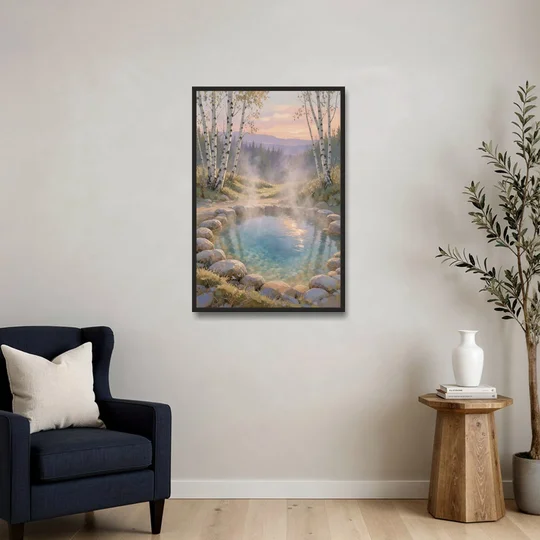 Steaming Hot Spring in a Birch Grove for the Spa - Black Framed Canvas Wall Art - Sofa - 24x36