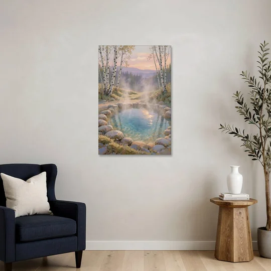 Steaming Hot Spring in a Birch Grove for the Spa - Canvas Wall Art - Sofa - 24x36