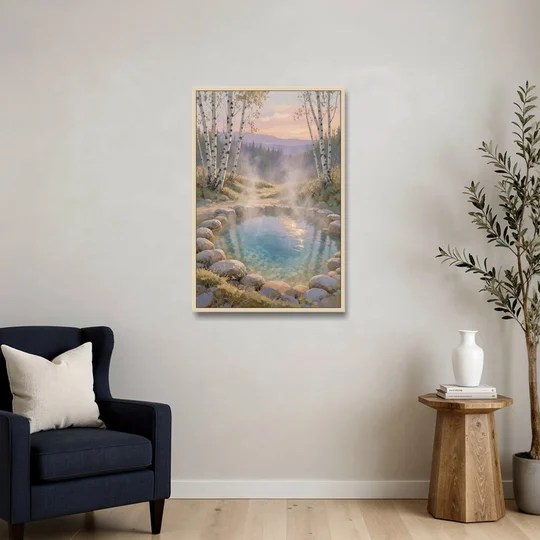 Steaming Hot Spring in a Birch Grove for the Spa - Oak Framed Canvas Wall Art - Sofa - 24x36
