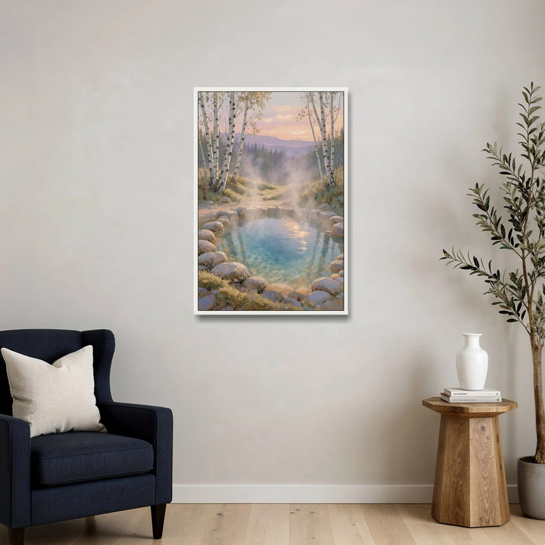 Steaming Hot Spring in a Birch Grove for the Spa - White Framed Canvas Wall Art - Sofa - 24x36