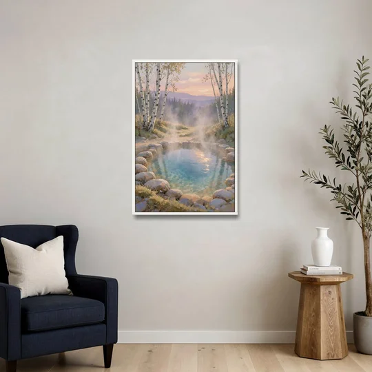 Steaming Hot Spring in a Birch Grove for the Spa - White Framed Canvas Wall Art - Sofa - 24x36