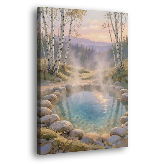 Steaming Hot Spring in a Birch Grove for the Spa - Canvas Wall Art - Side