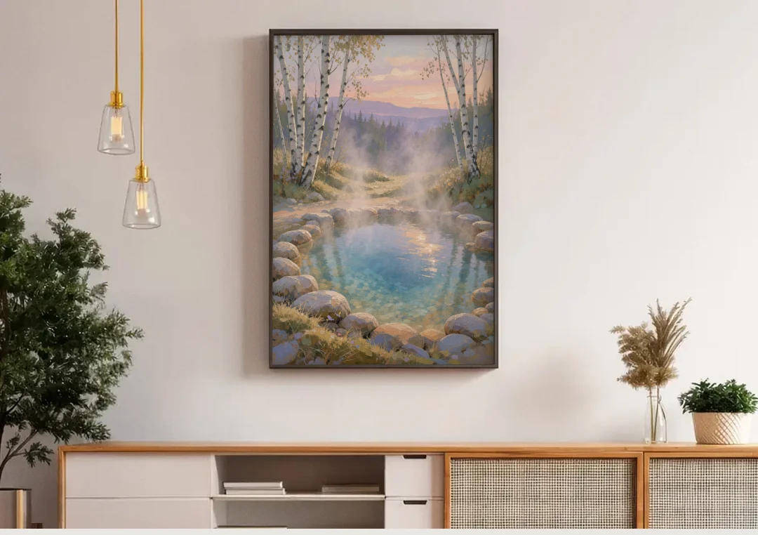 Steaming Hot Spring in a Birch Grove for the Spa canvas wall art above a wooden sideboard under pendant lights