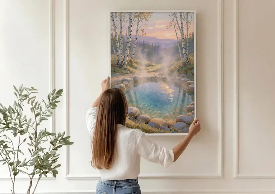 Steaming Hot Spring in a Birch Grove for the Spa canvas wall art being hung on a paneled wall