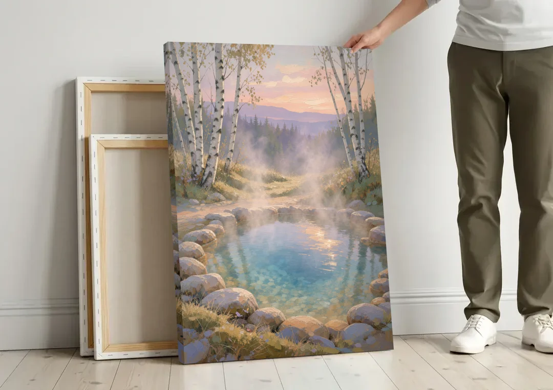 Steaming Hot Spring in a Birch Grove for the Spa canvas wall art leaning against a wall next to blank canvases
