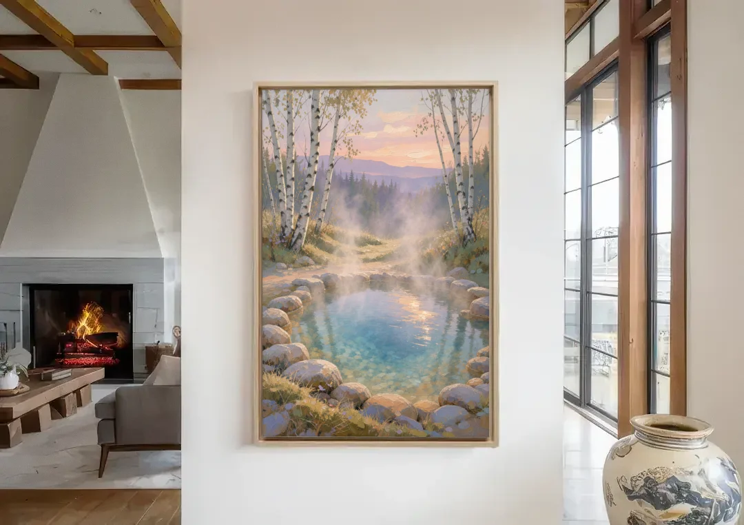 Steaming Hot Spring in a Birch Grove for the Spa canvas wall art in a living room with a fireplace