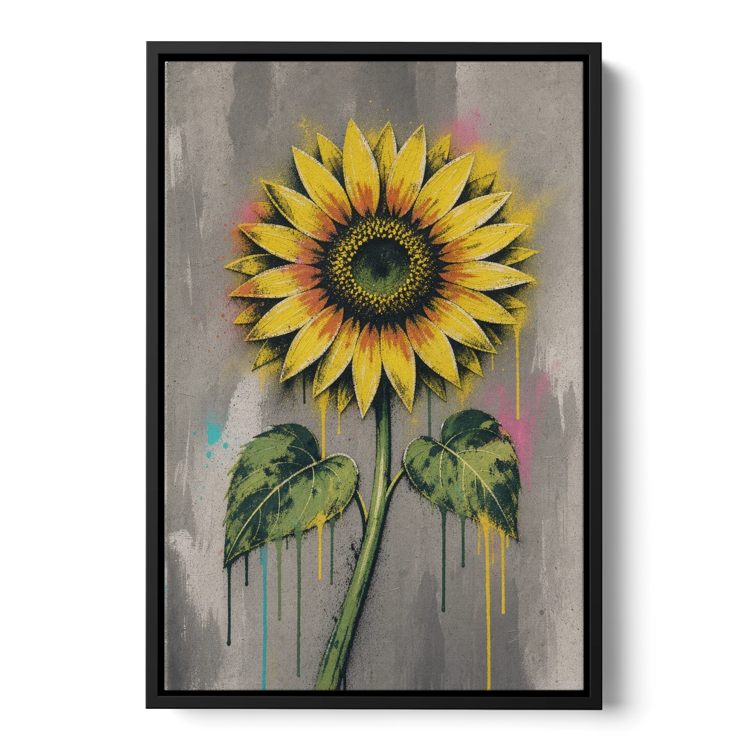 Street Art Stenciled Yellow Sunflower on Concrete - Black Framed Canvas Wall Art - Front