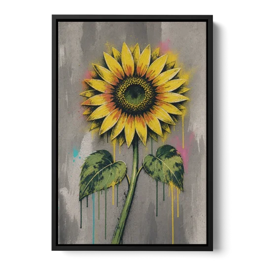 Street Art Stenciled Yellow Sunflower on Concrete - Black Framed Canvas Wall Art - Front