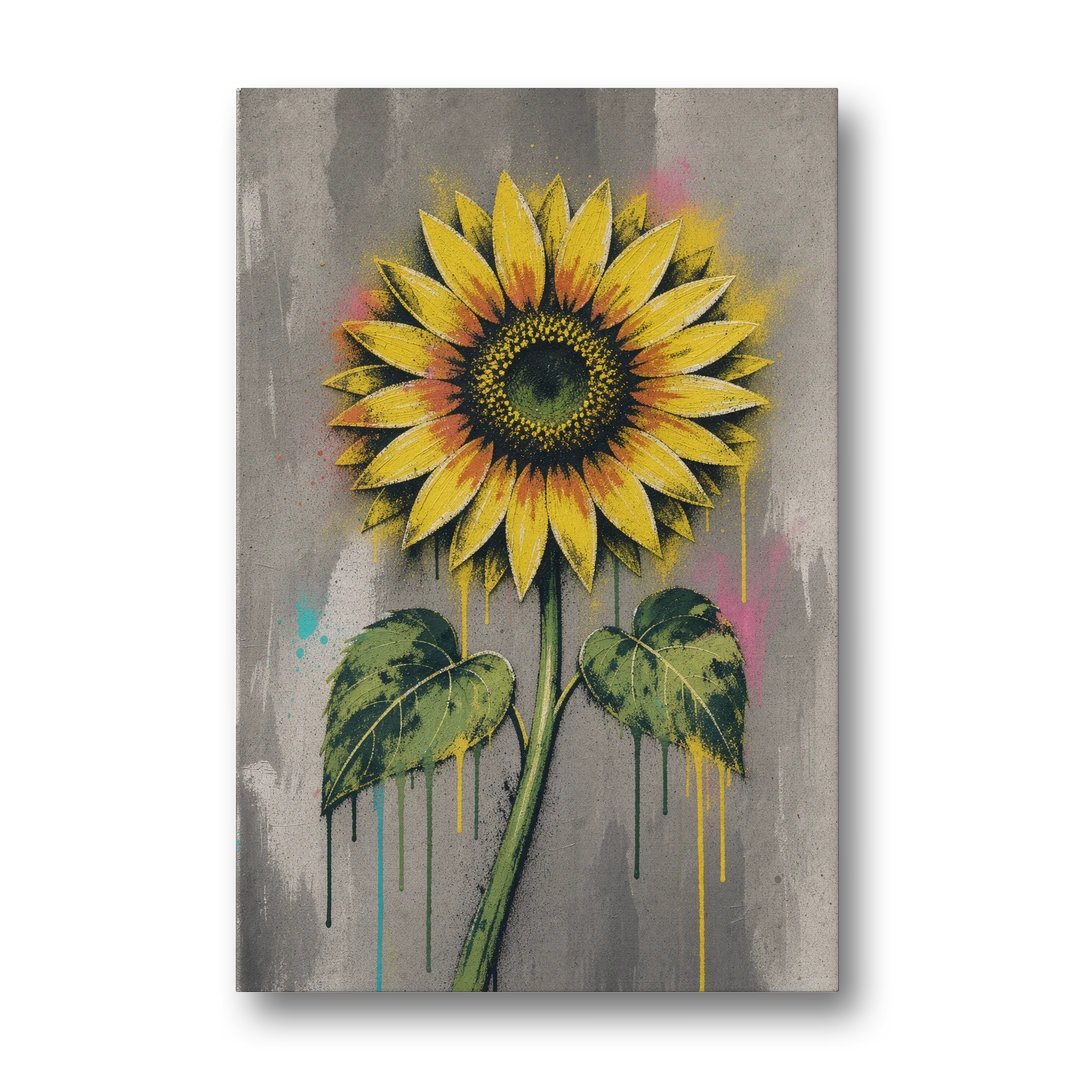 Street Art Stenciled Yellow Sunflower on Concrete - Canvas Wall Art - Front