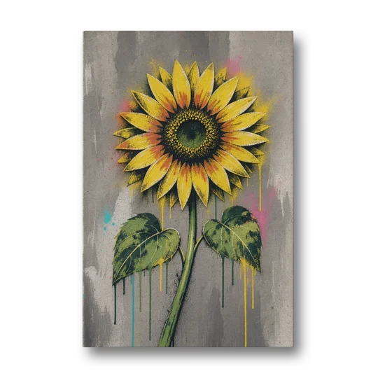 Street Art Stenciled Yellow Sunflower on Concrete - Canvas Wall Art - Front