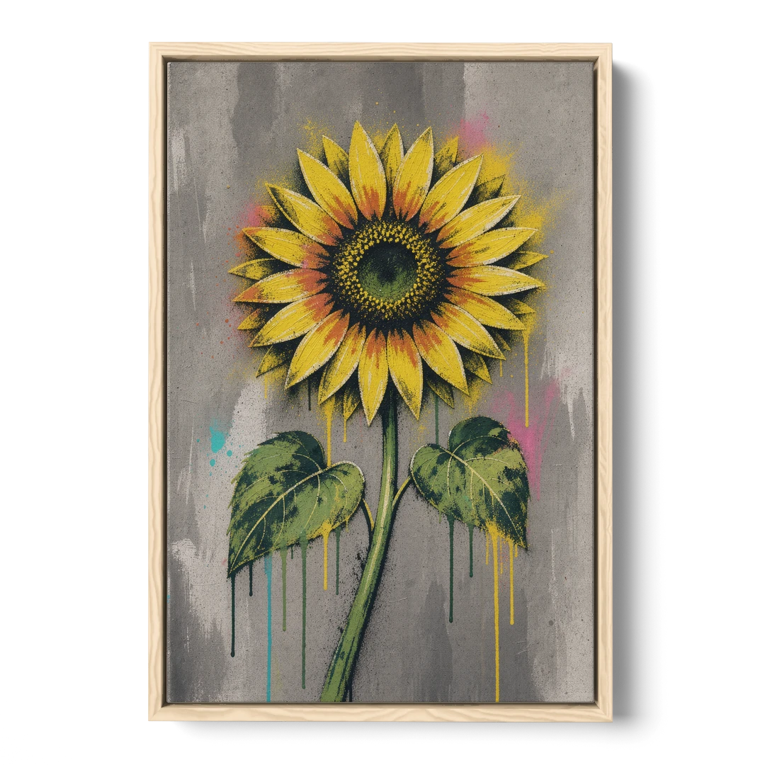 Street Art Stenciled Yellow Sunflower on Concrete - Oak Framed Canvas Wall Art - Front