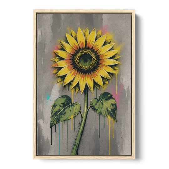 Street Art Stenciled Yellow Sunflower on Concrete - Oak Framed Canvas Wall Art - Front