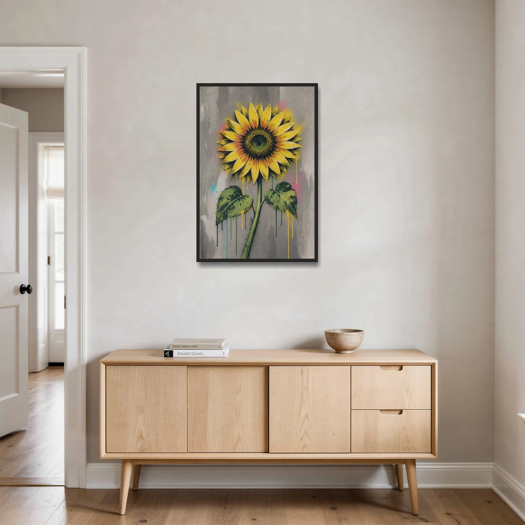 Street Art Stenciled Yellow Sunflower on Concrete - Black Framed Canvas Wall Art - Coffee Table - 24x36