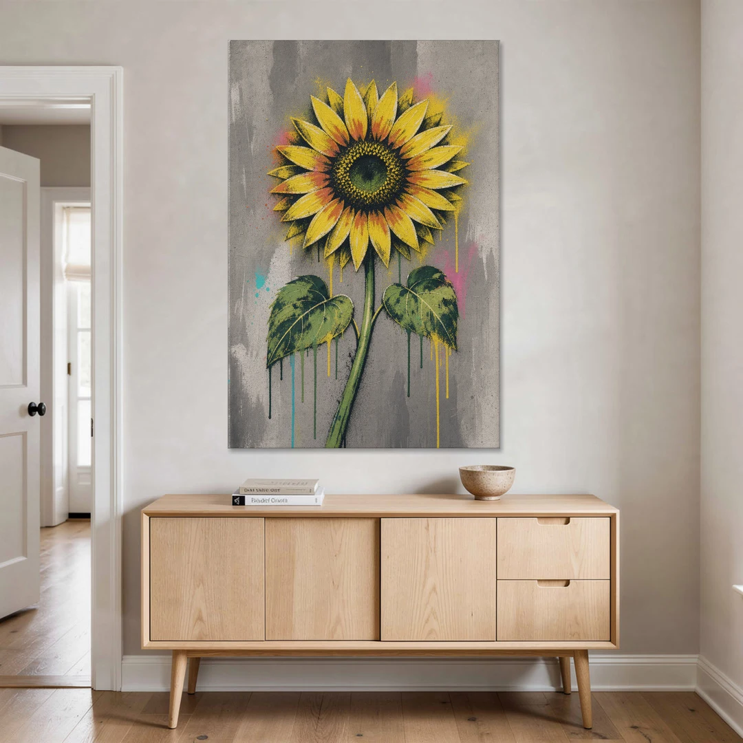 Street Art Stenciled Yellow Sunflower on Concrete - Canvas Wall Art - Coffee Table - 40x60