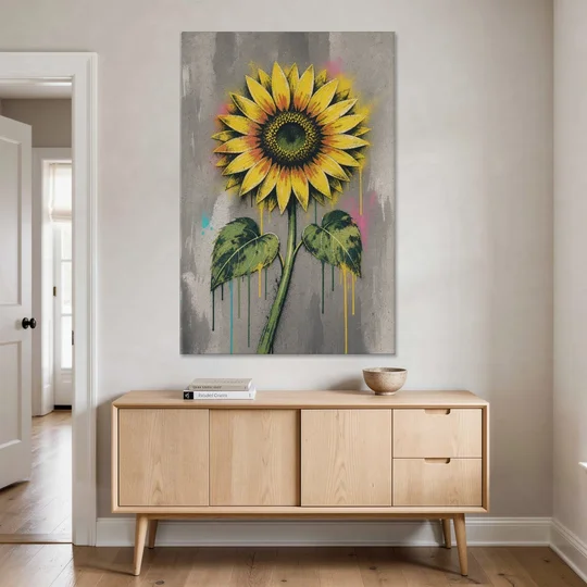 Street Art Stenciled Yellow Sunflower on Concrete - Canvas Wall Art - Coffee Table - 40x60