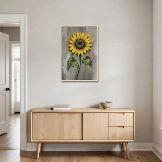 Street Art Stenciled Yellow Sunflower on Concrete - Oak Framed Canvas Wall Art - Coffee Table - 24x36